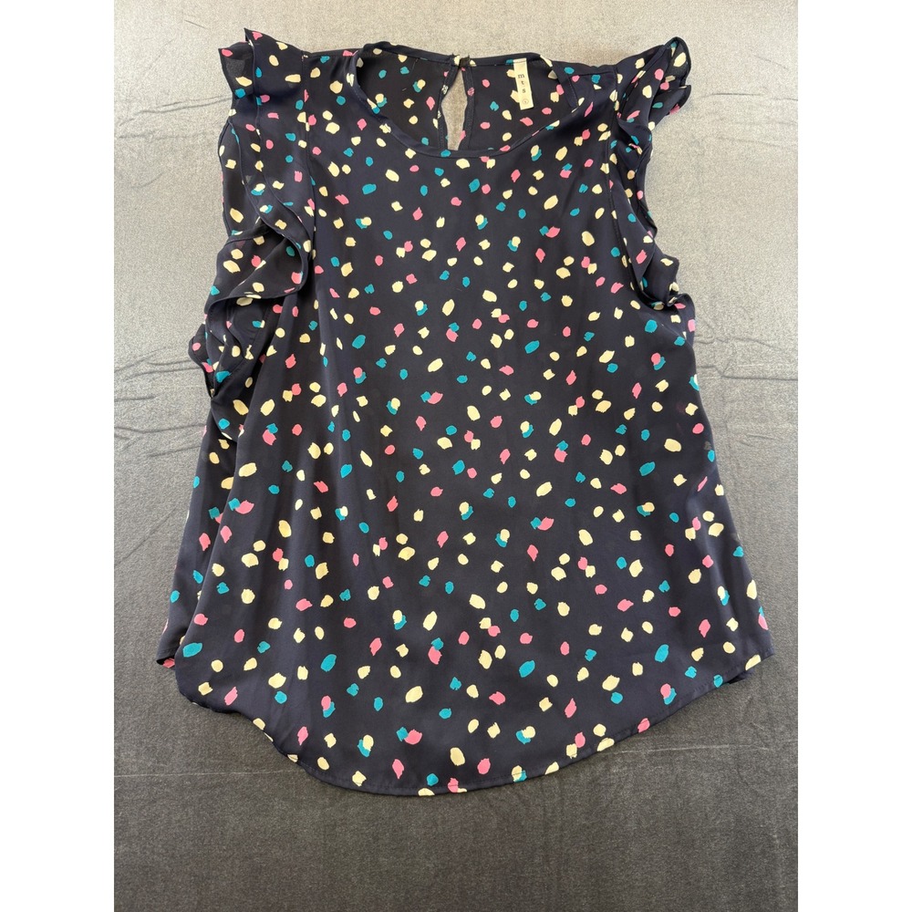 MTS Women Navy Blue Abstract Polka Dot Ruffle Sleeveless Blouse Large T10241